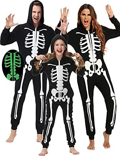 Veseacky Matching Family Pajamas Sets Skeleton Glow in Dark Jumpsuit Halloween Hooded One-Piece Zipper PJS Family Jammies. Size M, L