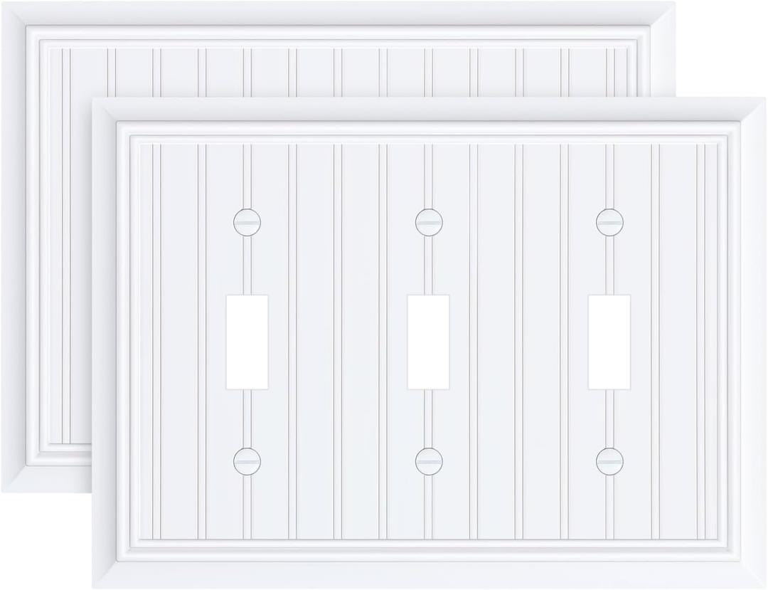 2-Pack Classic Beadboard Triple Toggle Light Switch Cover Plate, Durable Natural Bamboo Fiber Decorative Switch Plate Covers, Pure White 3 Gang Wall Plate, Corrosion Resistant