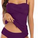 Women's Twist Front Bandeau Tankini Set Two Pieces Ruched Tummy Control Suimsuit with Mid Waist Briefs (Large, Purple)