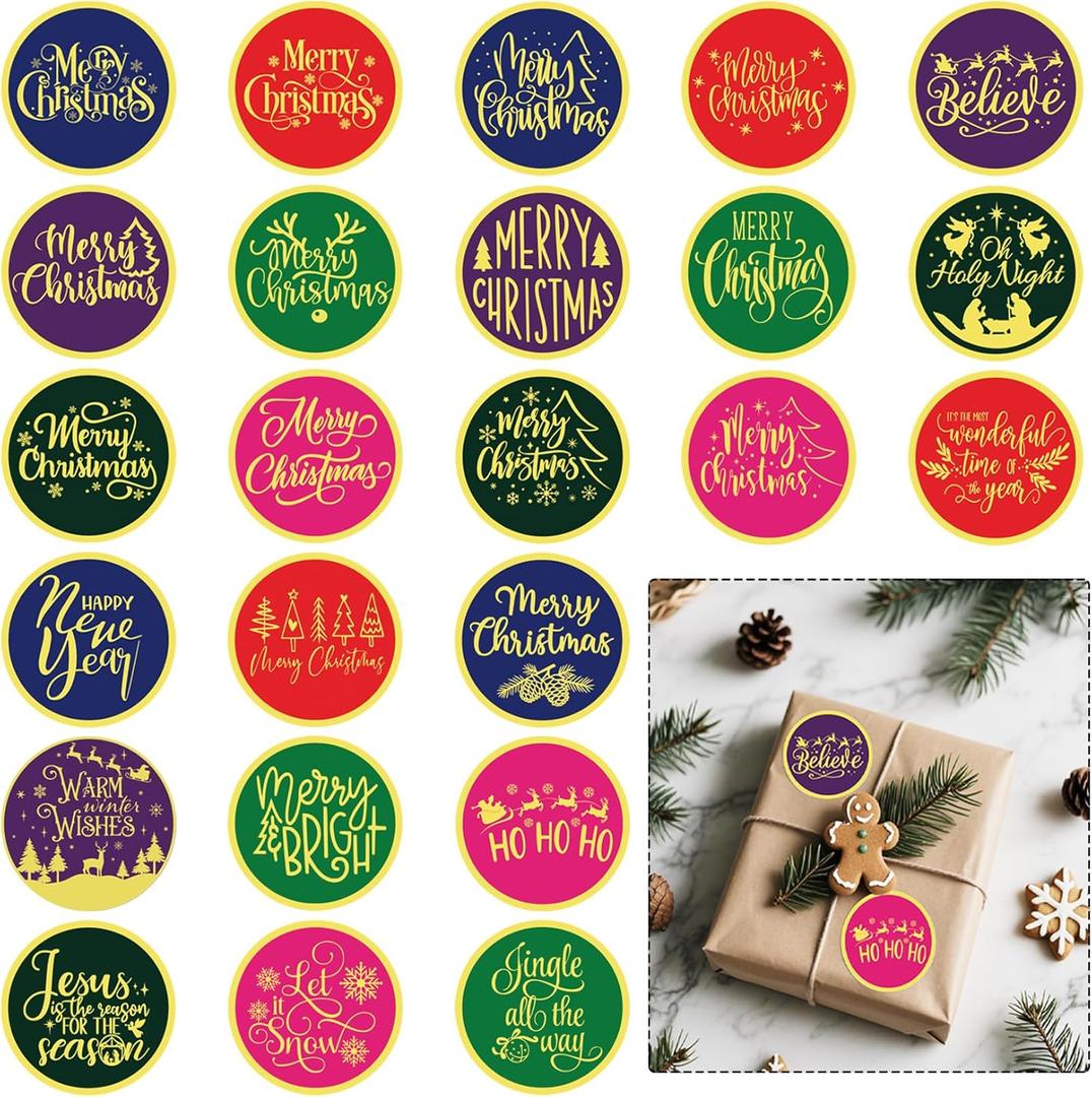 2 x Christmas Stickers for Envelope Seals Cards Making Crafts 2 Inch Round Happy Holiday Christmas Label Card Vinyl Stickers for Mailing Baked Goods Gifts Decorative Bag (ho168)