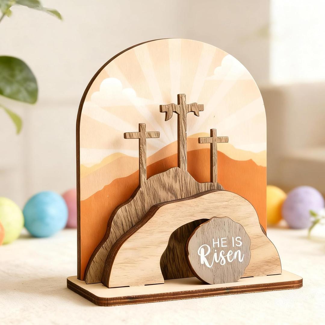 AOMOONOA Wooden Easter Empty Tomb Set, Empty Tomb Easter Scene for Christian Decoration, He is Risen Resurrection Scene for Religious Display, Home Office Tabletop Tray, Church, Shelf Decor