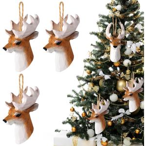 Jetec 3 Pcs 3 Inches Wooden Christmas Deer Ornaments Deer Bust Head Hunter Antler Rack 8 Point Buck, Hunting Christmas Tree Hanging Decorations, Hand-Carved Xmas Hunter Gift Xmas Deers Head Ornaments