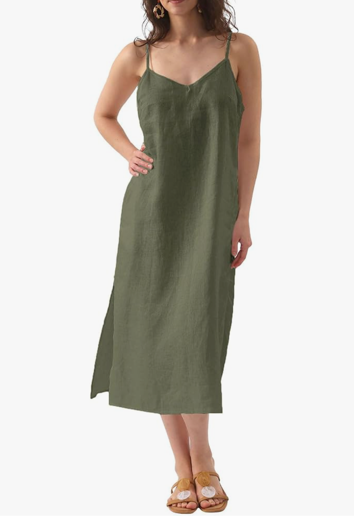 Amazhiyu Womens Pure Linen Summer V Neck Midi Spaghetti Strap Slip Dress with Pockets, M