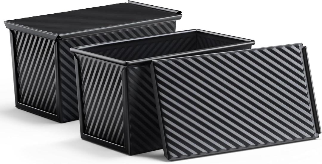 LIANYU 2 Pack Pullman Bread Loaf Pan with Lid, 1 Pound Dough Nonstick Loaf Baking Pans, Metal Bakeware for Sourdough Sandwich Homemade Bread, Carbon Steel Corrugated Toast Tin, Black