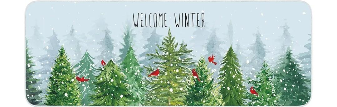 Winter Welcome Kitchen Rug Set of 1 Farmhouse Pine Tree Cardinal Snow Forest Holiday Kitchen Mats Non-slip Floor Mat Low Decorative Profile Christmas Rug for Indoor Home Decor, 17x47 Inch