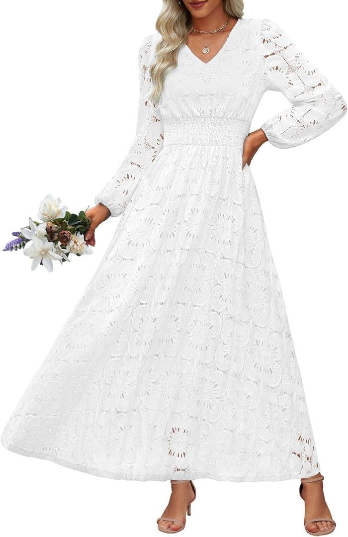 Women's Long Puff Sleeve Floral Maxi Dress V Neck Lace Eyelet Hollow Out A Line Flowy Boho Spring Wedding Guest Party Dresses (White,Large)