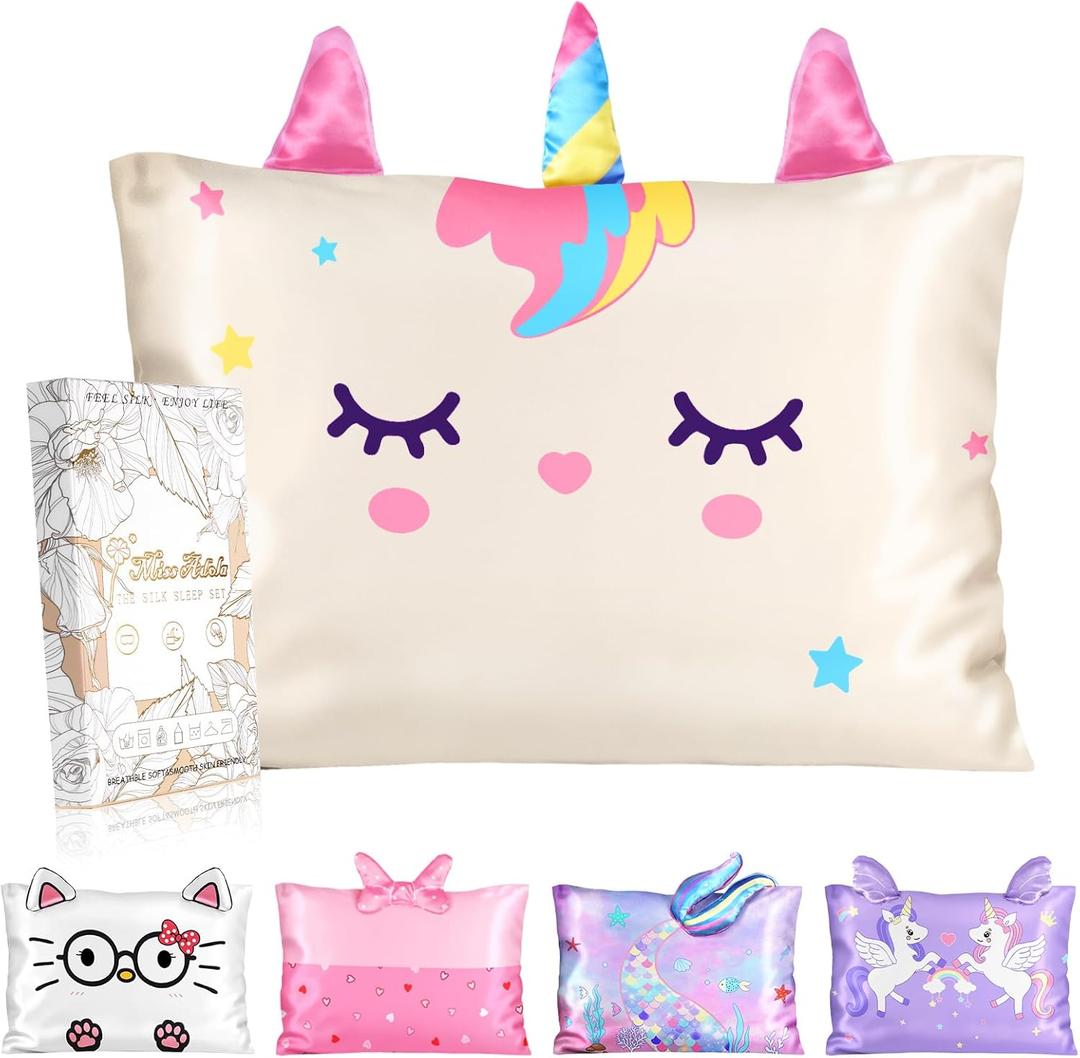 Toddler Pillowcases 13"x18" for Kids - Cute Cartoon Soft Breathable Silk Pillow Cases for Hair and Skin with Hidden Zipper for Girls Fun Kawaii Design for Bedding, White Unicorn