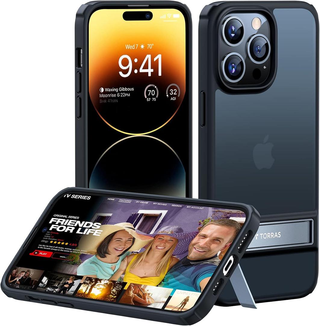 TORRAS MarsClimber for iPhone 14 Pro Case with Stand, [3 Stand Ways Metal Kickstand] [8FT Military Grade Drop Tested], Protective Slim Translucent Matte iPhone 14 Pro Phone Case for Women Men, Black