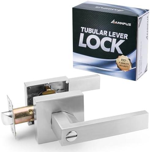 ANNFUZ Privacy Door Handle Without Key,Square Interior Door Lever with Emergency Access, Reversible Keyless Lever for Right & Left Side,for Bathrooms and Bedrooms,Satin Nickel