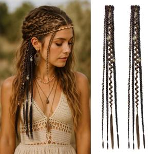 REECHO Clip in Braid Hair Extensions for Women, 20" Boho Dreadlock Clip in Braids with Beads & Charms, 2PCS Handmade Synthetic Braided Hairpieces for Cosplay Daily Styling, Dark Brown Mix
