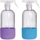 Glass Spray Bottles for Cleaning, Silicone Sleeve Bottom for Protection, Reusable Glass Spray Bottles 16 Oz With Adjustable Nozzle Settings (2 Pack) (Purple & Blue)