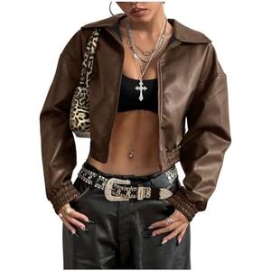 BEAUDRM Women's Y2K Faux PU Leather Jacket Crop Zip Up Motorcycle Coat Long Sleeve Drop Shoulder Motor Bike Jacket Streetwear S