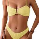 Fanuerg Women's Ribbed Bikini Sets U Wire Adjustable Spaghetti Straps Swimsuit Textured Ruched Two Piece Bathing Suit (Yellow, XS)