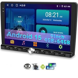 [4+64GB] 9“ Double Din Car Stereo Android 15 Apple CarPlay Android Auto Radio, 9 Inch IPS 1280 * 720 Touchscreen with GPS, Bluetooth 5.2 FM Radio DSP Audio 1080P Backup Camera, WiFi Google Play