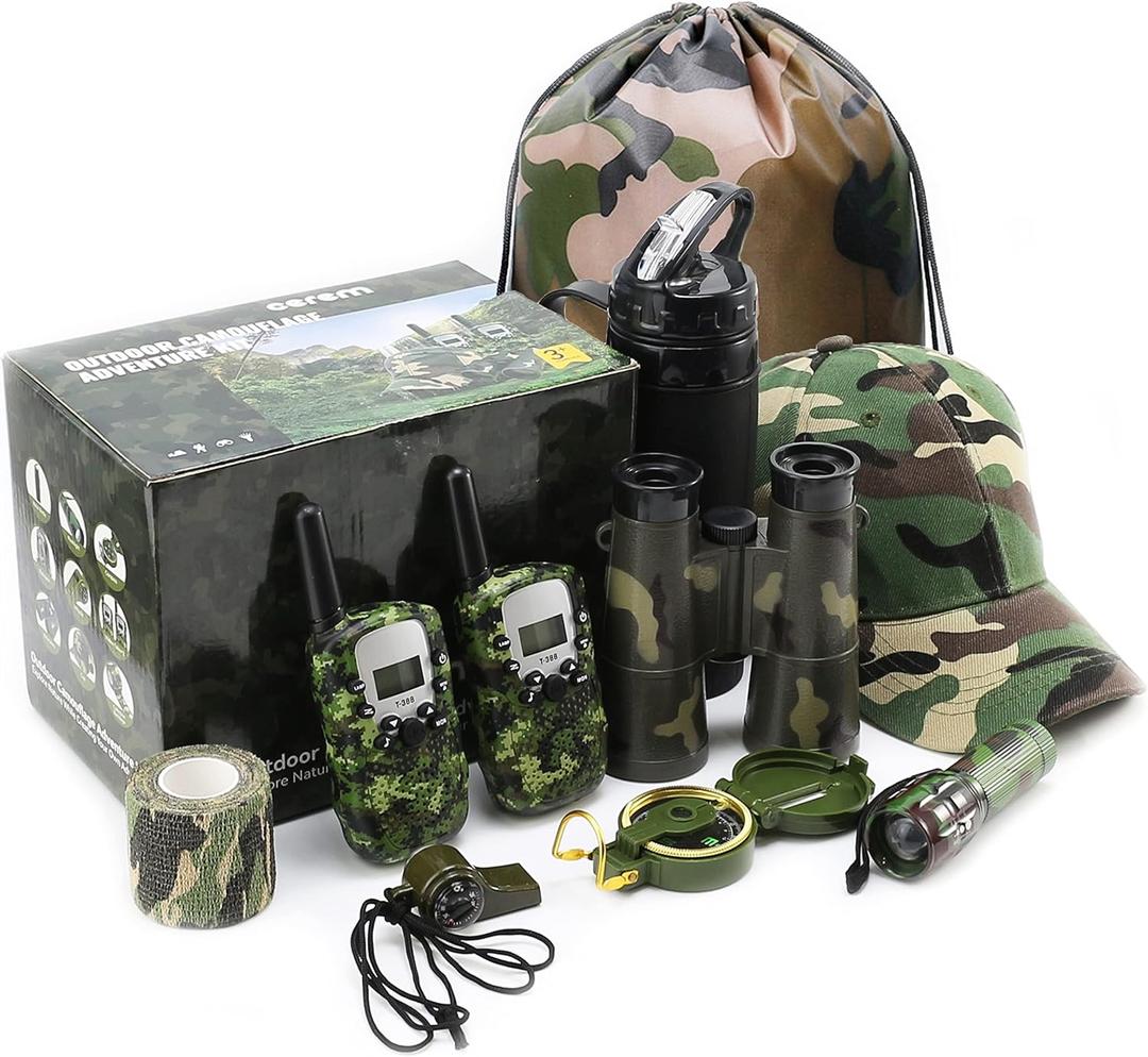 Outdoor Adventure Kit for Kids  Premium Camouflage Camping Gear with Walkie-Talkies  Military Style Toys  10 in 1 Bundle  Ideal for All Ages and Genders