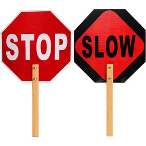 Stop Slow Sign - Double Sided Street Slow Warning Metal Reflective Signs, 13x13in Octagon Rust Free Aluminum, with Bamboo Handle, Waterproof, Easy to Assemble(1PCS)