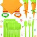 Domensi 24 Sets Easter Party Supplies Tableware Easter Utensils Plastic Cutlery Cocktail Carrot Napkins Spoons Forks Knives and Satin Ribbon (Orange and Green)