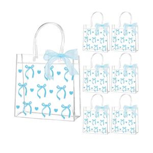 QOUBAI 24Pcs Blue Bow Clear PVC Gift Bags with Handles Bulk Bowknot Goodie Treat Candy Bags Coquette Bow Wedding Wrap Tote Bag with 1 Roll of Blue Ribbon for Birthday Baby Shower Decorations Supplies