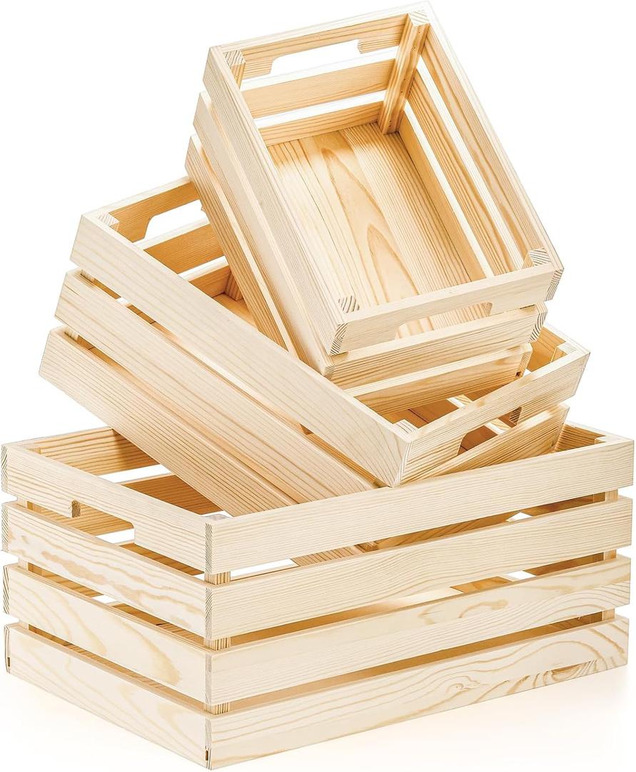 Youeon Set of 3 Rustic Wooden Nesting Crates with Handles, Decorative Wooden Crates, Crate Box Wooden Storage Box for Kitchen, Office, Bedroom, Closet, Rustic Country Decor