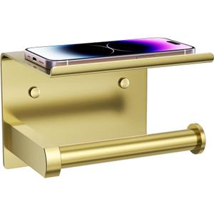 Tindbea Toilet Paper Holder with Phone Shelf, Adhesive or Screw Wall Mount Toilet Tissue Roll Holder, Rustproof & Multifunctional Stainless Steel Bathroom Storage Dispenser (Brushed Gold)