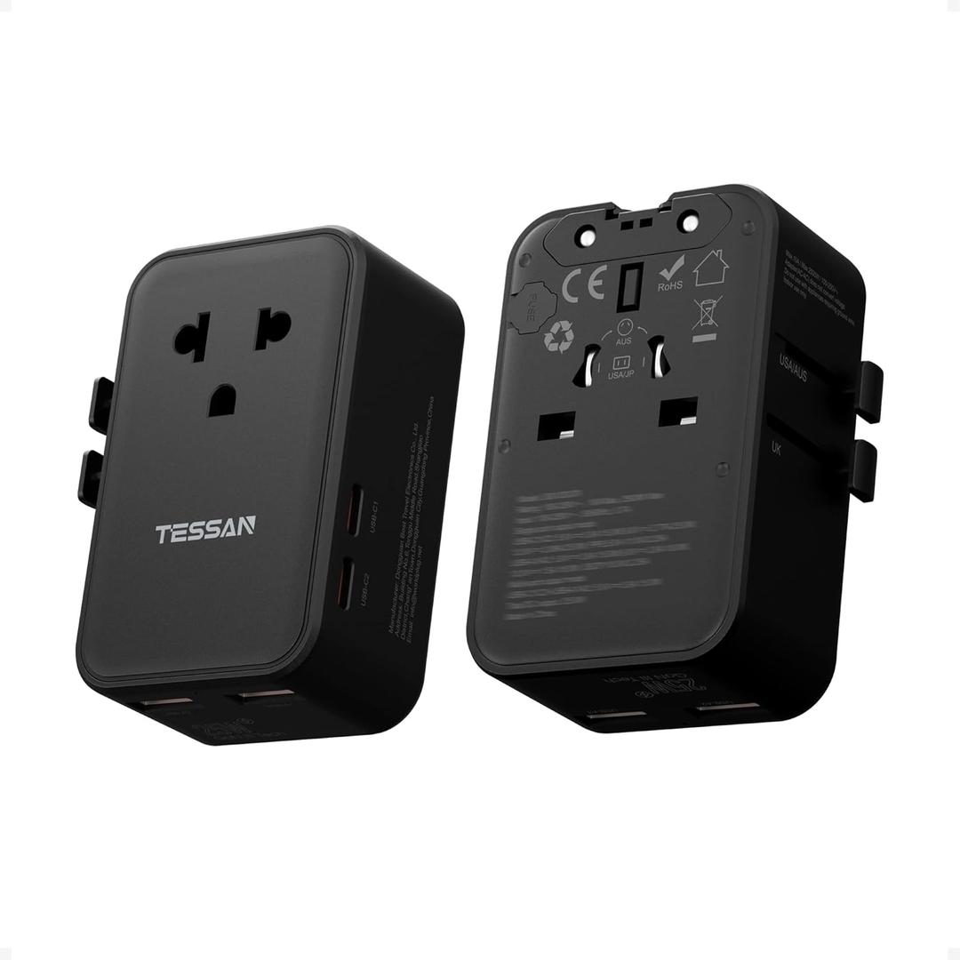 TESSAN International Power Adapter PD 25W, Ultra Thin Universal Travel Adapter, Worldwide Outlet Plug with 2 USB A 2 USB C for US to European UK Australia Ireland (Type C G A I) Black
