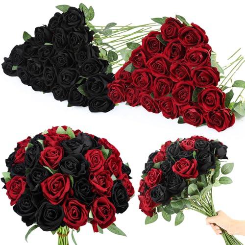 Ovveroche 24 Pcs Roses Artificial Flowers, Silk Black & Red Artificial Flowers Petals Long Stem Roses for Wedding Bouquet Home Party Decor