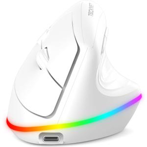 TECKNET RGB Wireless Ergonomic Mouse Rechargeable - USB+Bluetooth Multi-Device LED Vertical Mouse with 11 RGB Backlight Modes, 4800 DPI Adjustable, Ergo Mice for Windows and Mac, White