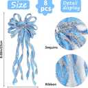 SY Super Bang 8 Pcs Lake Blue/Sliver Velvet Christmas Bows for Christmas Tree Decorations Door Wreath Garland Bow Ornaments, for Gift Wrapping Wedding Home Holiday Party Decor.