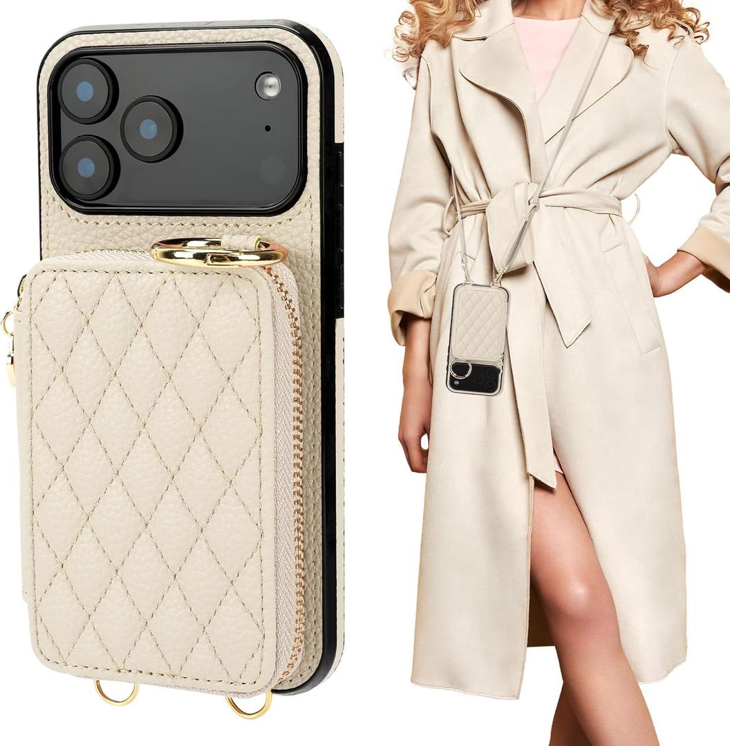 for iPhone 17 Pro Max Case Wallet, RFID Blocking PU Leather Zipper Handbag Purse Flip Cover, Kickstand Folio with Slots Holder Strap Lanyard 5G 6.9 Inch (Beige, for iPhone 17 Pro Max Case)