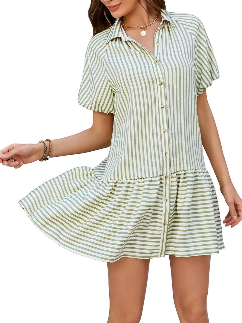 Womens Summer Striped Shirt Dress Short Puff Sleeve Button Down Ruffle Flowy Dress Loose Fit Casual Beach Wear (Green, XL)