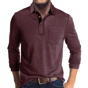 Men's Long Sleeve Polo Shirts Casual Button Classic Work Shirt Cotton Collared Basic Golf Shirt with Pocket (XX-Large, Darkred)