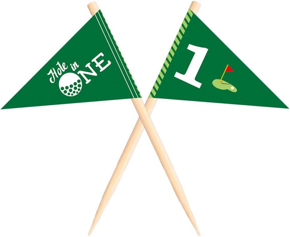 Golf Themed Toothpick Flags, 20 PCS Hole In One 1st Birthday Golf Cocktail Picks Mini Stick Cupcake Toppers Flags for Baby 1st Birthday Party Food Bar Decorations (Hole In 1)