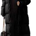 Shanfetl Women Long Quilted Coat Hooded Maxi Length Long Sleeve Puffer Jacket Padded Coat Winter Outerwear Black, X-Large