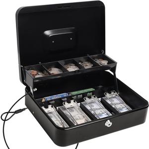 Cash Box with Key Lock,Locking Box Safe Storage Security Locker with Security Cable,Durable Metal Cash Box with Money TrayBlack