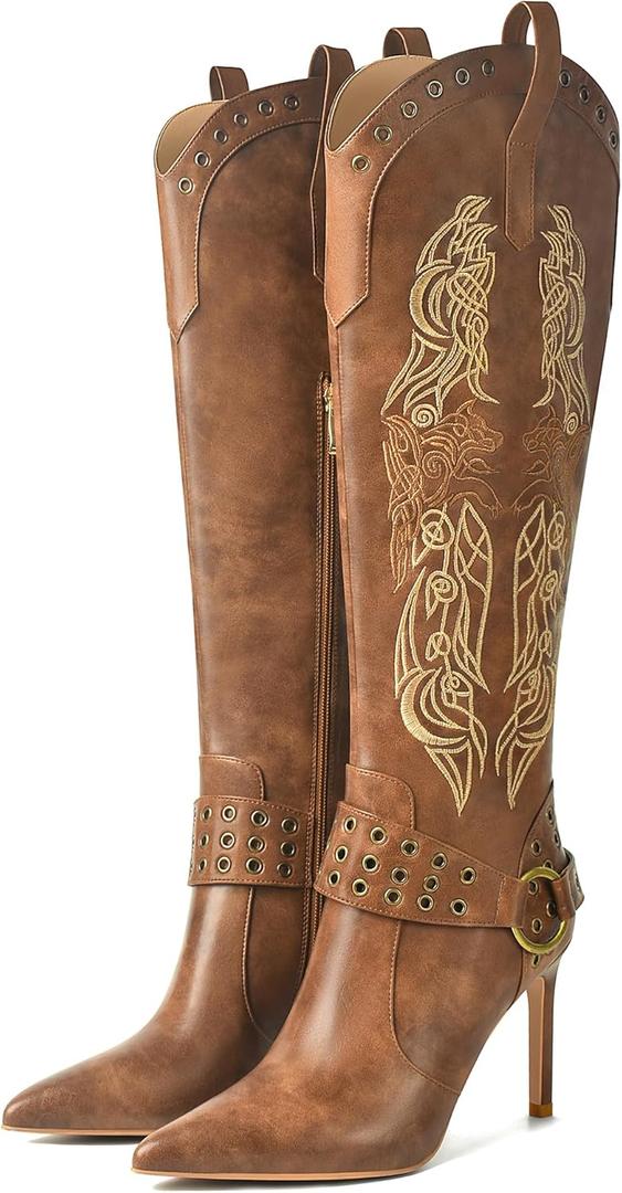 JANSEVEN Western Boots for Women Knee High Cowboy Boots with Embroidered Cowgirl Boot Stiletto High Heel Boot Pointed Toe Side Zipper 3.5 Inches Fashion Boots (8, Brown)