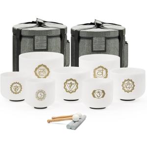 CVNC 432HZ 8-14 Inch Chakra Symbol Design Frosted Quartz Crystal Singing Bowl Set of 7 PCS with Grey Bags for Sound Healing and Meditation