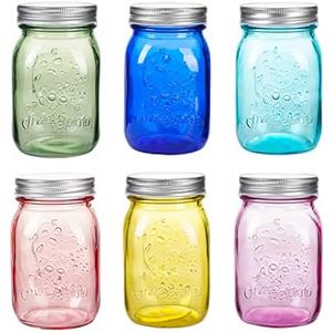 Amzcku 16 oz Colored Mason Jars with Lids，Regular Mouth Canning Jar, 6 Pack Multifunction Glass Container, for Storage, Canning, Pickling, Preserving, Fermenting, DIY Crafts & Decor