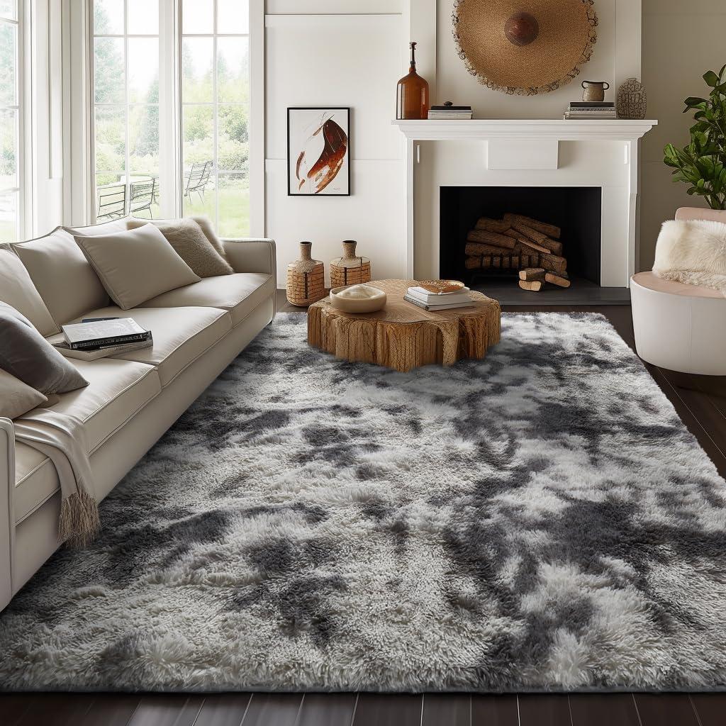 Ophanie 8x10 Area Rugs for Living Room, Grey & White Fuzzy Plush Soft Area Rug, Shaggy Carpets for Bedroom, Kids Boys Girls Dorm Nursery Home Decor Aesthetic