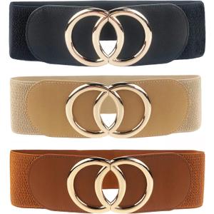 Swtddy Women's Elastic Wide Stretchy Waist Cinch Belt Waistband For Dresses (Suit For Waist Size 27"-35", Golden O Design Black+Khaki+Camel)