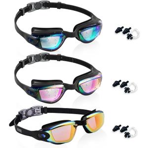 Aegend Swim Goggles - 3 Pack Kid Swimming Goggles for Kids & Youth 3-14 - Comfort Fit & Anti-Fog & Kid-Friendly (Aqua & A-bright Rose & Black Orange)
