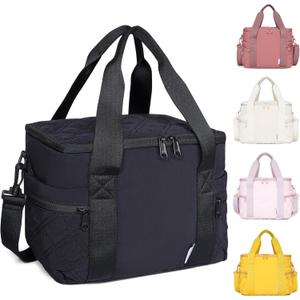 NOL Natural Organic Lifestyle Women's Nylon Lunch Cooler Cute Quilted Lunch Bag Leakproof Insulated Lunch Tote Bag for Work Picnic Travel, Black, Medium