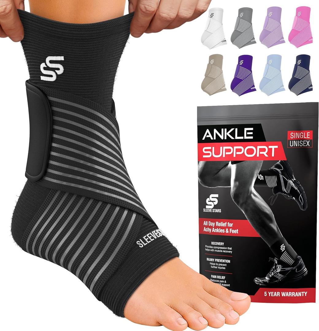 Sleeve Stars Ankle Brace for Women & Men, Ankle Wrap for Sprained Ankle, Compression Sleeve for Plantar Fasciitis Relief, Easy Customizable Support: w/Removable Strap (Pair/M:10"-12"/Black)