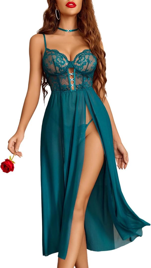 Avidlove Sexy Lingerie for Women Lace Mesh Babydoll Sleepwear Side Split V Neck Nightgown for Honeymoon Anniversaries, Medium