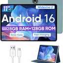 WXUNJA Android 16 Tablet,11 Inch Tablets with Octa Core Processor, 28GB RAM 128GB ROM 1TB Expand, Widevine L1, 8000mAh Battery, 2.4/5Ghz Dual WiFi/GPS/FM, 5/8MP Cameras, Case Included, Blue
