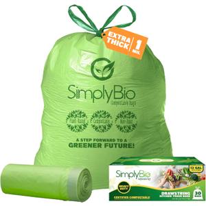 13 Gallon Compostable Trash Bags Liners Drawstring, Heavy Duty Extra Thick 1 Mil, 49.21 Liter, 30 Bags, Tall Kitchen Food Scrap Waste Bag, ASTM D6400, US BPI and OK Compost Home Certified (1 Count (Pack of 30))