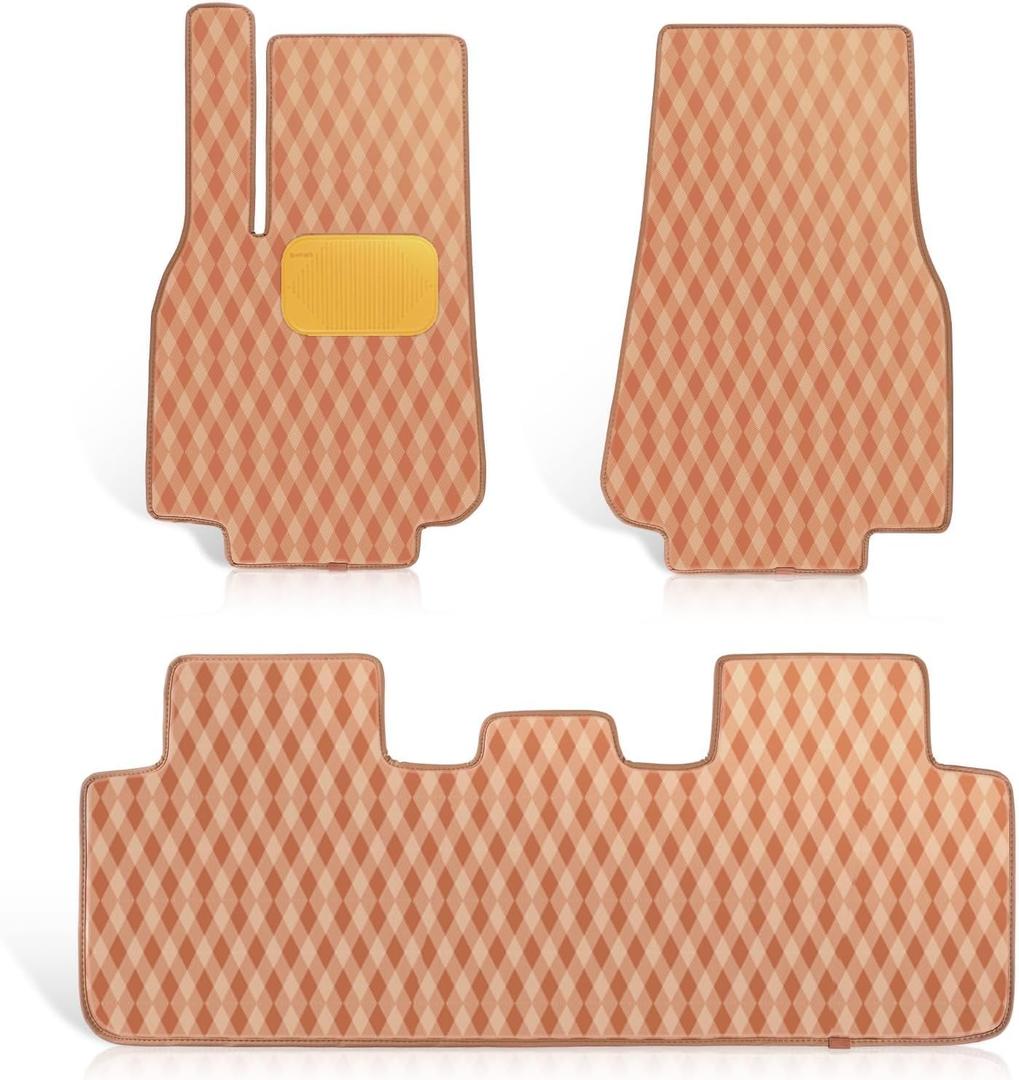 Leather Floor Mats for Tesla Model Y 2019-2024, 5-Layer All Weather Automotive Liners Non-Slip Khaki Car Mats Full Set Handcrafted Custom Fit for Front & Rear Tesla Accessories (2025 Not Fit) Khaki