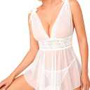 Fengek 2Pcs Sexy Lingerie for Women, Polka Dots Sheer Lace Lingerie with Pajama Set for Women Nightwear (White, L)
