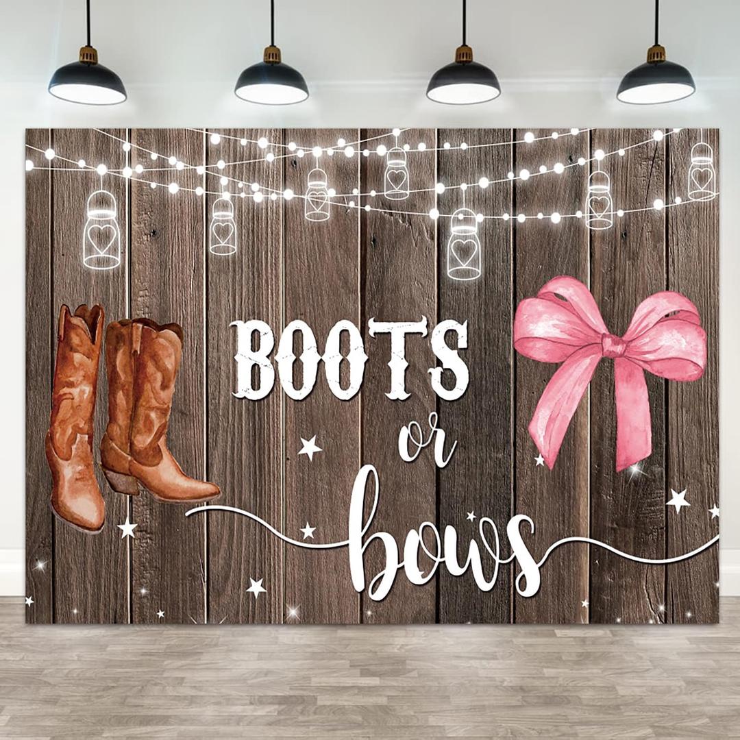 5x3ft Gender Reveal Backdrop Boots or Bows Photography Background Glitter Dot Star Rustic Wood Board Cartoon Baby Shower Banner Decorations Newborn Boy Girl Birthday Party Photo Booth Prop