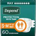 Depend Incontinence Protection with Tabs, Unisex, Small/Medium (19–34" Waist, Up To 170 lbs), Maximum Absorbency, 60 Count (3 Packs of 20)