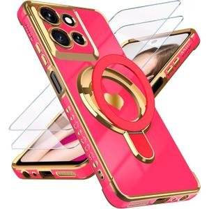 for Motorola Moto G 5G 2025 Love Heart Kickstand Case with 2X Screen Protector: Luxury Plated Gold Edge Slim Soft TPU Shockproof Protection Case Cover for Moto G 5G 2025 (Hot Pink)